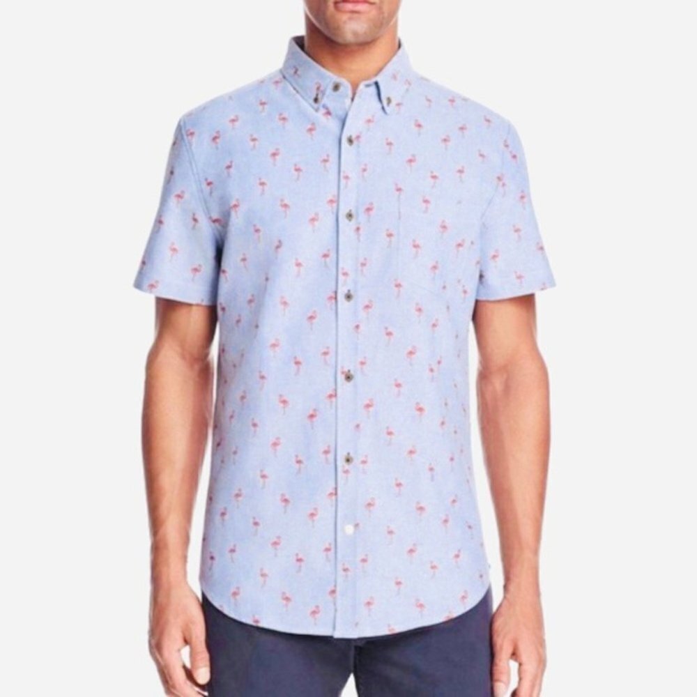 * Alpha Beta Flamingo Print Light Blue Short Sleeve Button Up Shirt Size XL